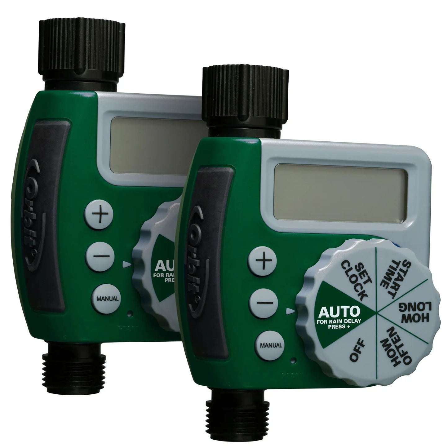 Two Orbit Irrigation outlet programmable hose faucet timers in green/gray with black knobs on Tampa Home & Garden Store