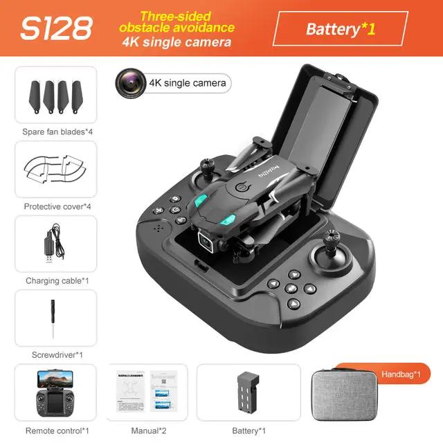 Drone S128 4K dual camera with obstacle avoidance, black foldable body, remote included on Tampa Home & Garden Store