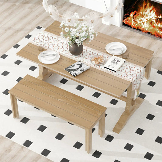 Trexm 3 Piece Retro Dining Set with rectangular natural wood table and benches on Tampa Home & Garden Store