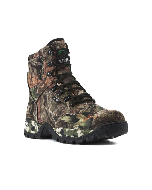 Kiwi Rugged Camo Nylon Waterproof Tactical Boots with black laces and green logo on camo on Tampa Home & Garden Store