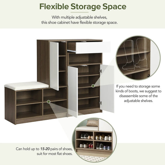 On-Trend 2-in-1 shoe storage bench and cabinet in dark wood with white doors and shelves on Tampa Home & Garden Store