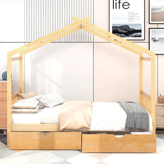 Full-size wooden house platform bed with roof frame and under-bed drawers, light pine finish on Tampa Home & Garden Store