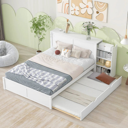 Queen storage bed with shelves and twin XL trundle in white on Tampa Home & Garden Store