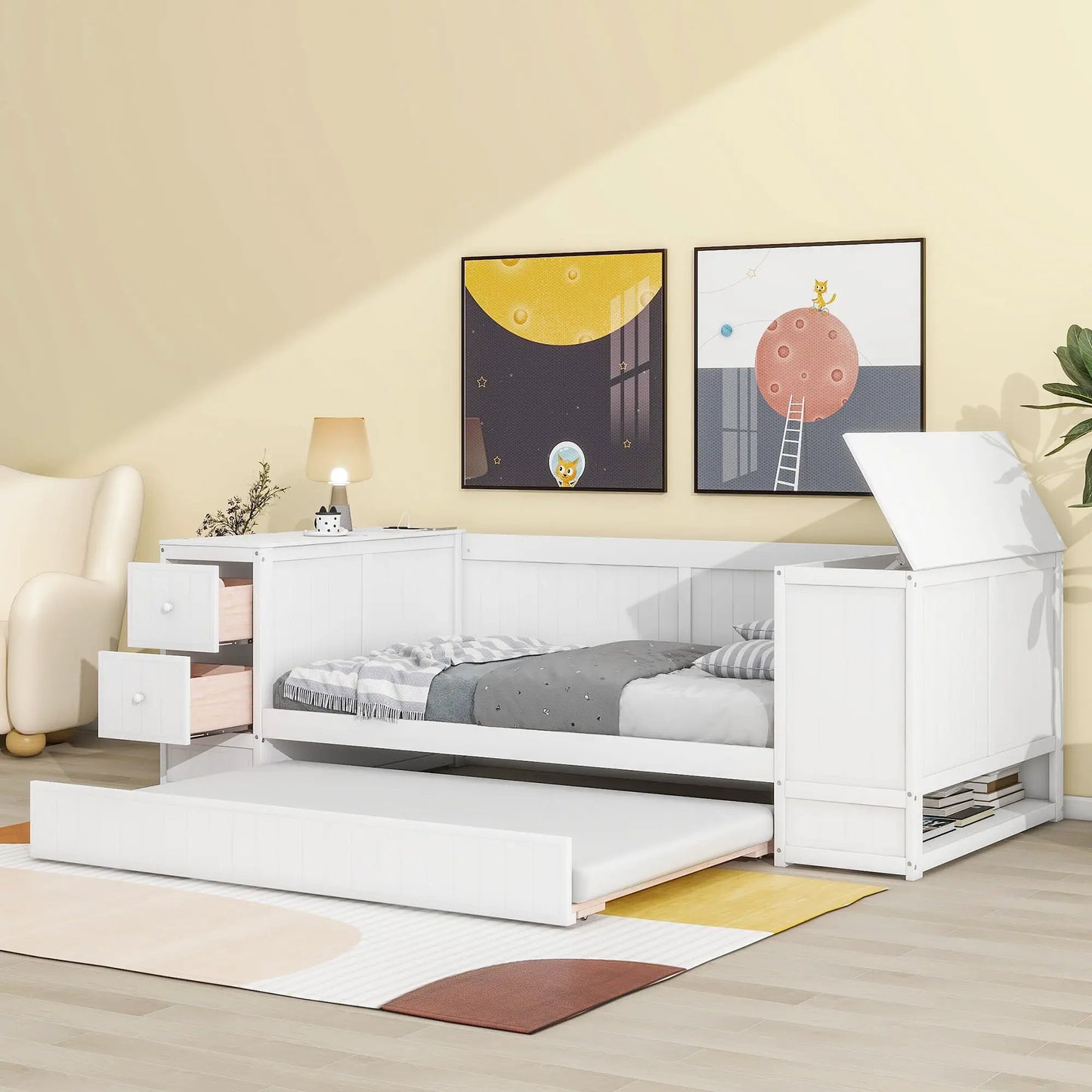 White twin daybed with storage drawers and pull-out trundle in a modern kids bedroom on Tampa Home & Garden Store