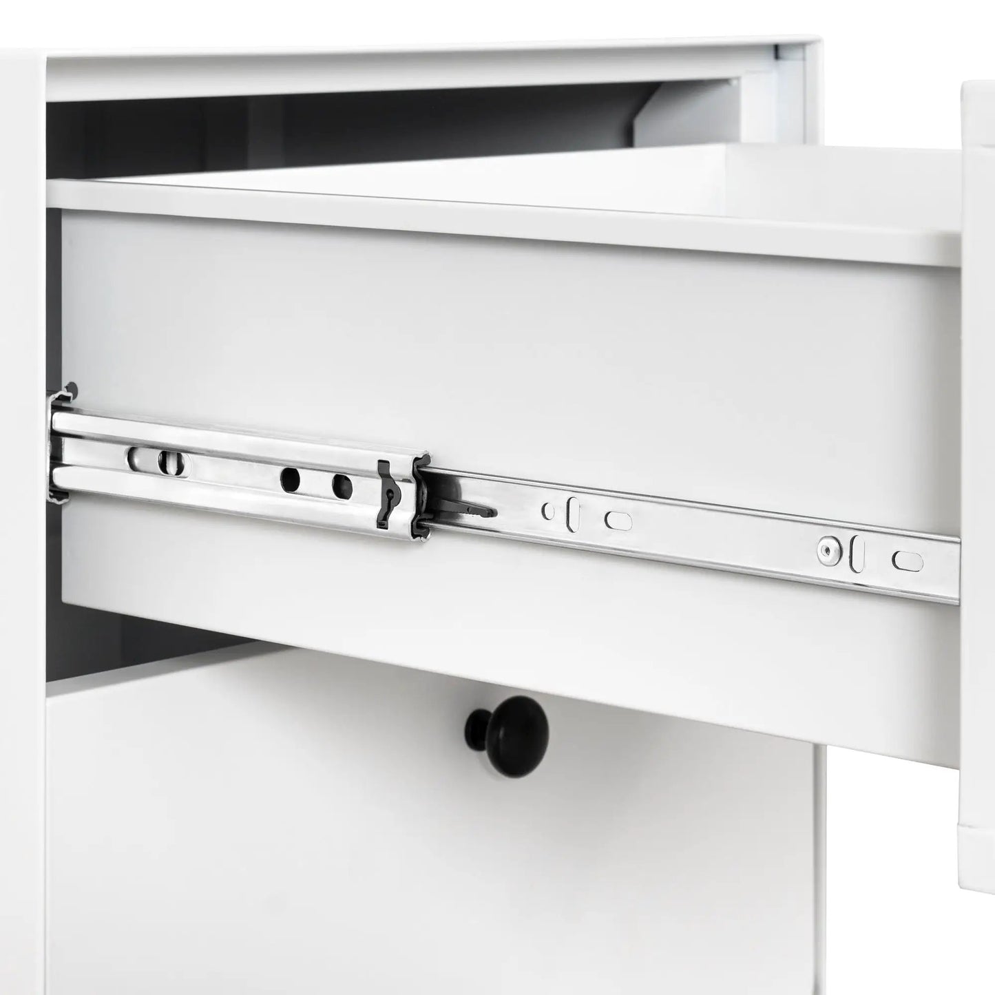 Modern white night stand storage cabinet with 2 drawers, black knobs, metal slides on Tampa Home & Garden Store