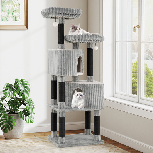 62 Inch Tall Cat Tower with Scratching Posts and Soft Flannel Covering-Light Gray - Tampa Home & Garden Store