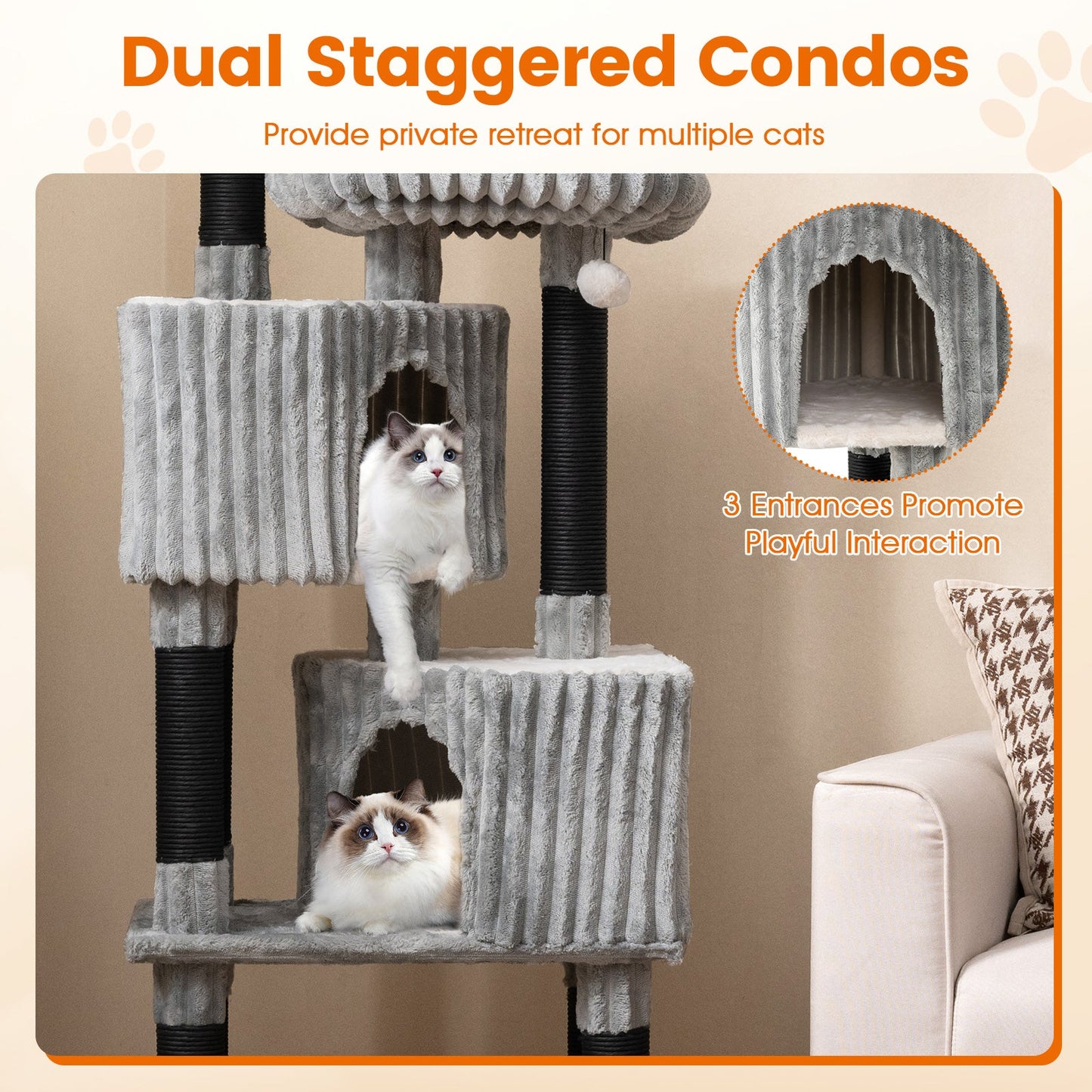 DirectDeals 62 Inch Tall Cat Tower with light gray plush and rope posts, 3 entrances and cubbies on Tampa Home & Garden Store