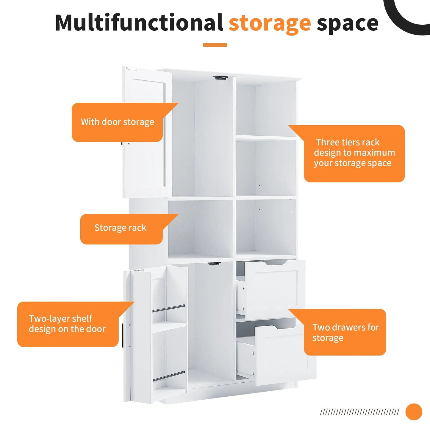 White bathroom storage cabinet with doors and drawers, multiple shelves on Tampa Home & Garden Store
