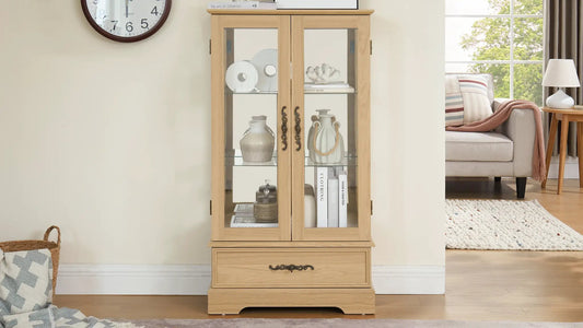 Oak glass cabinet with lighted interior, two glass doors and glass shelves on Tampa Home & Garden Store