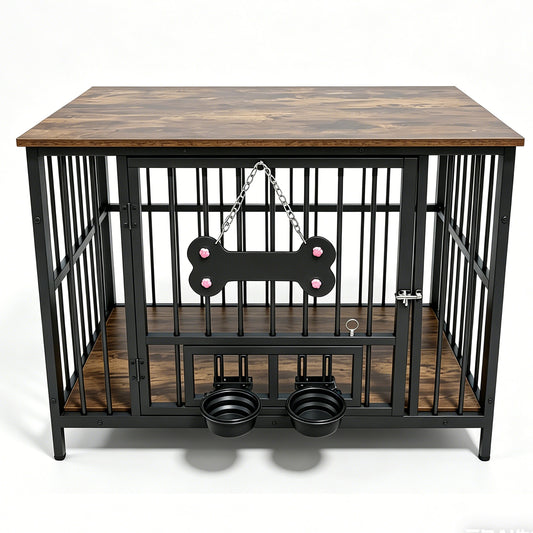 Vintage wood grain dog cage with rotating bowls, black frame, wood top by HouseOfZazla on Tampa Home & Garden Store