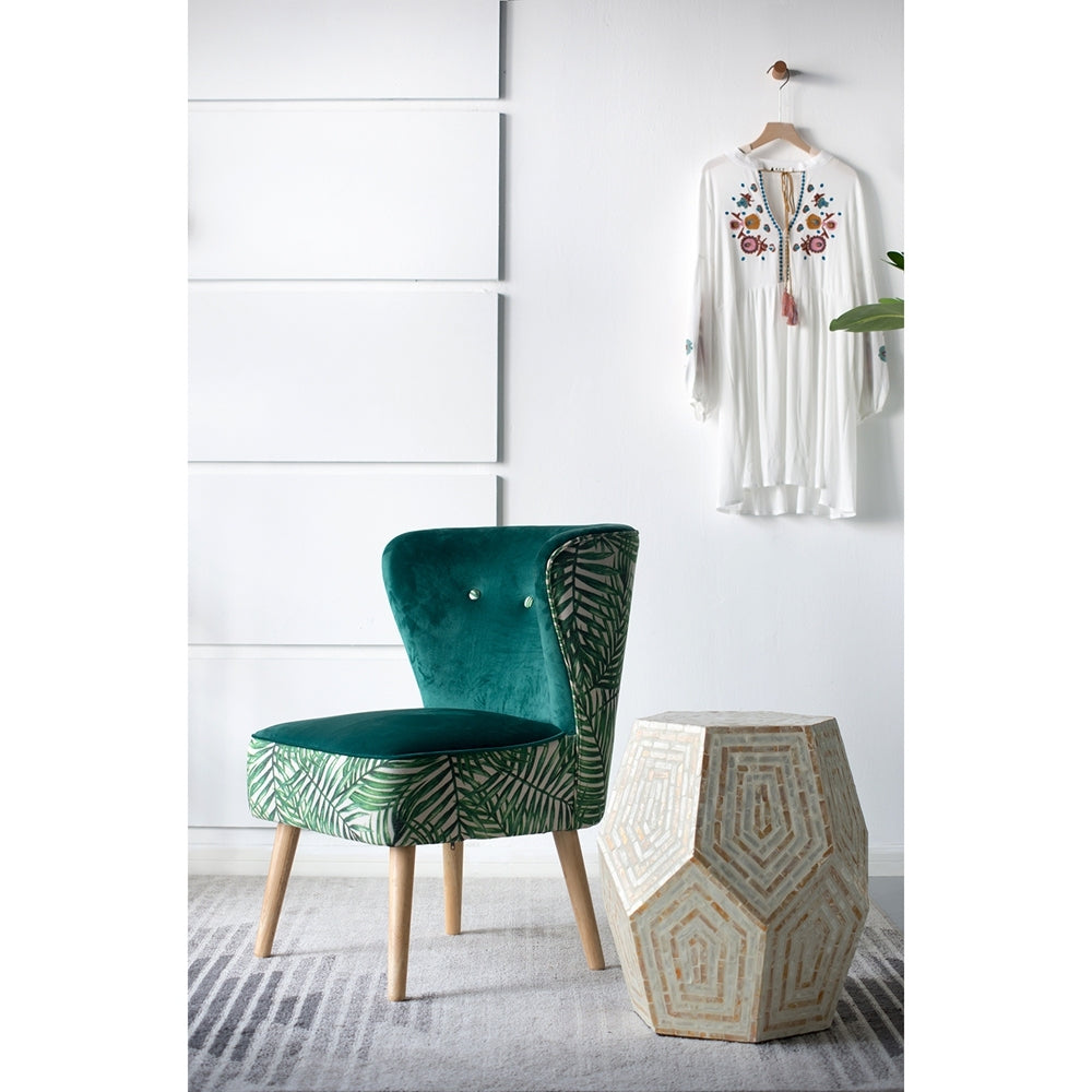 Hexagonal Capiz Stool Cream Yellow with natural wood legs, geometric mosaic pattern on Tampa Home & Garden Store