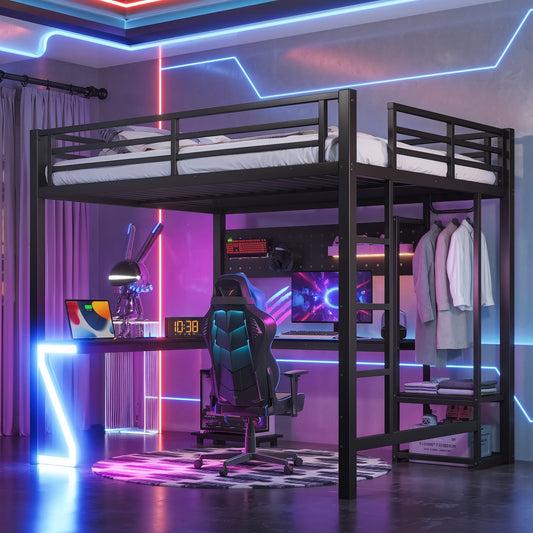 Queen Loft Bed with L-shaped desk and USB ports, black metal frame, HouseOfZazla on Tampa Home & Garden Store