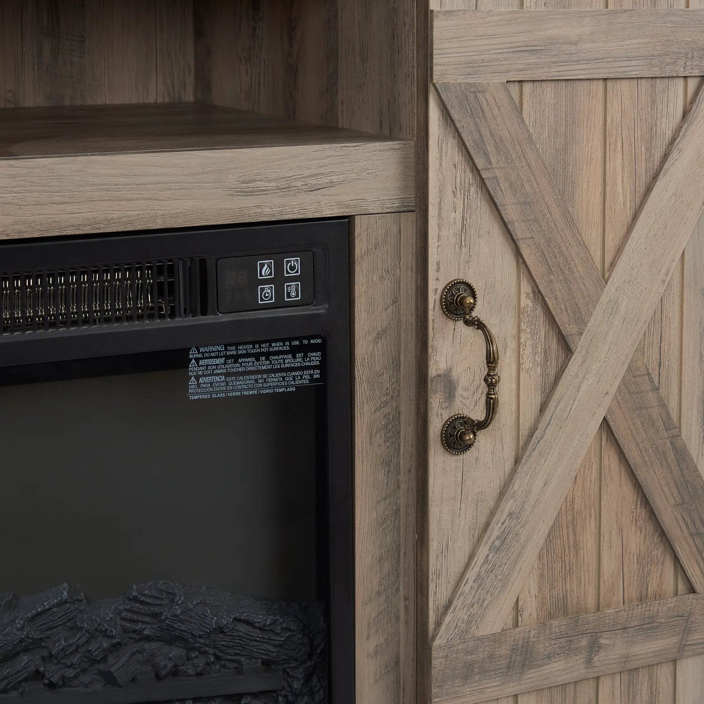 Mueble para TV clásico estilo rústico, consola de entretenimiento antigua con chimenea eléctrica de 18" para TV de hasta 50" con abierto