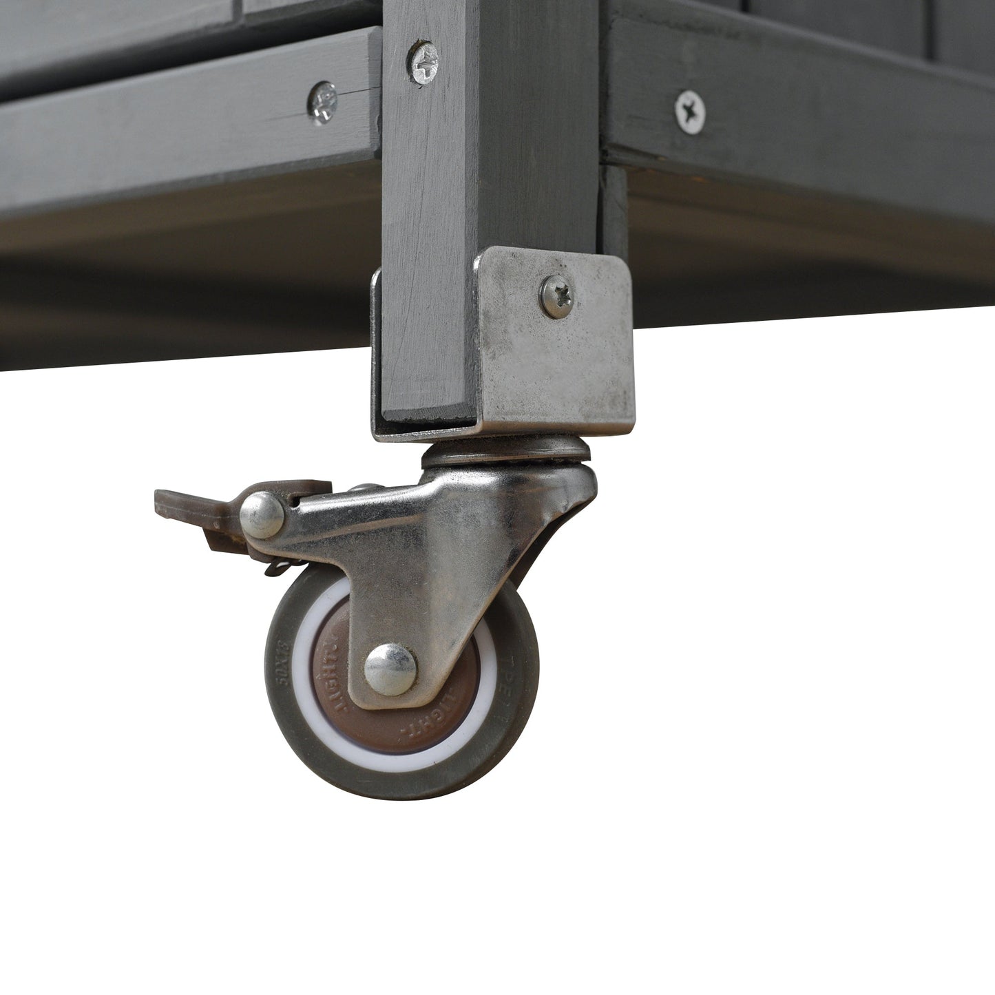 Foldable outdoor kitchen island cart in gray metal with caster wheel and bracket detail on Tampa Home & Garden Store
