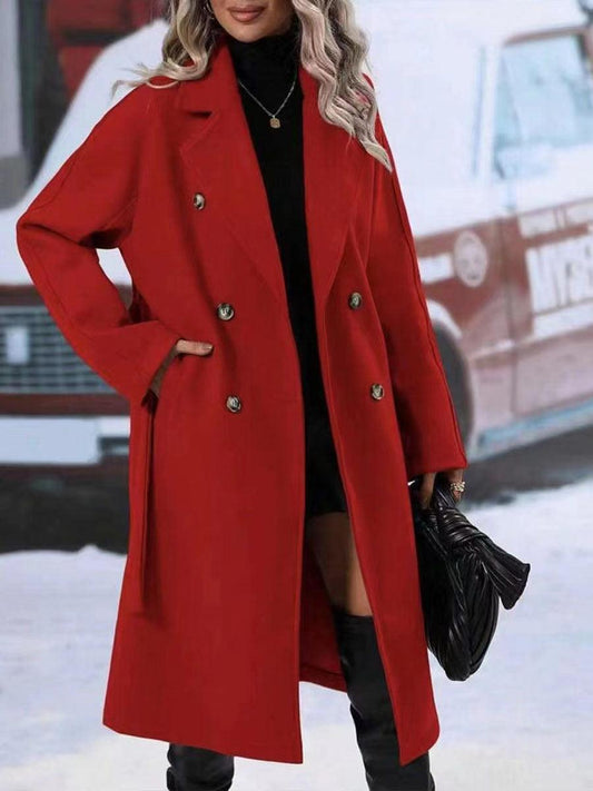 Red double-breasted trench coat with notched lapel and belt, wool-blend outerwear Stevvex on Tampa Home & Garden Store
