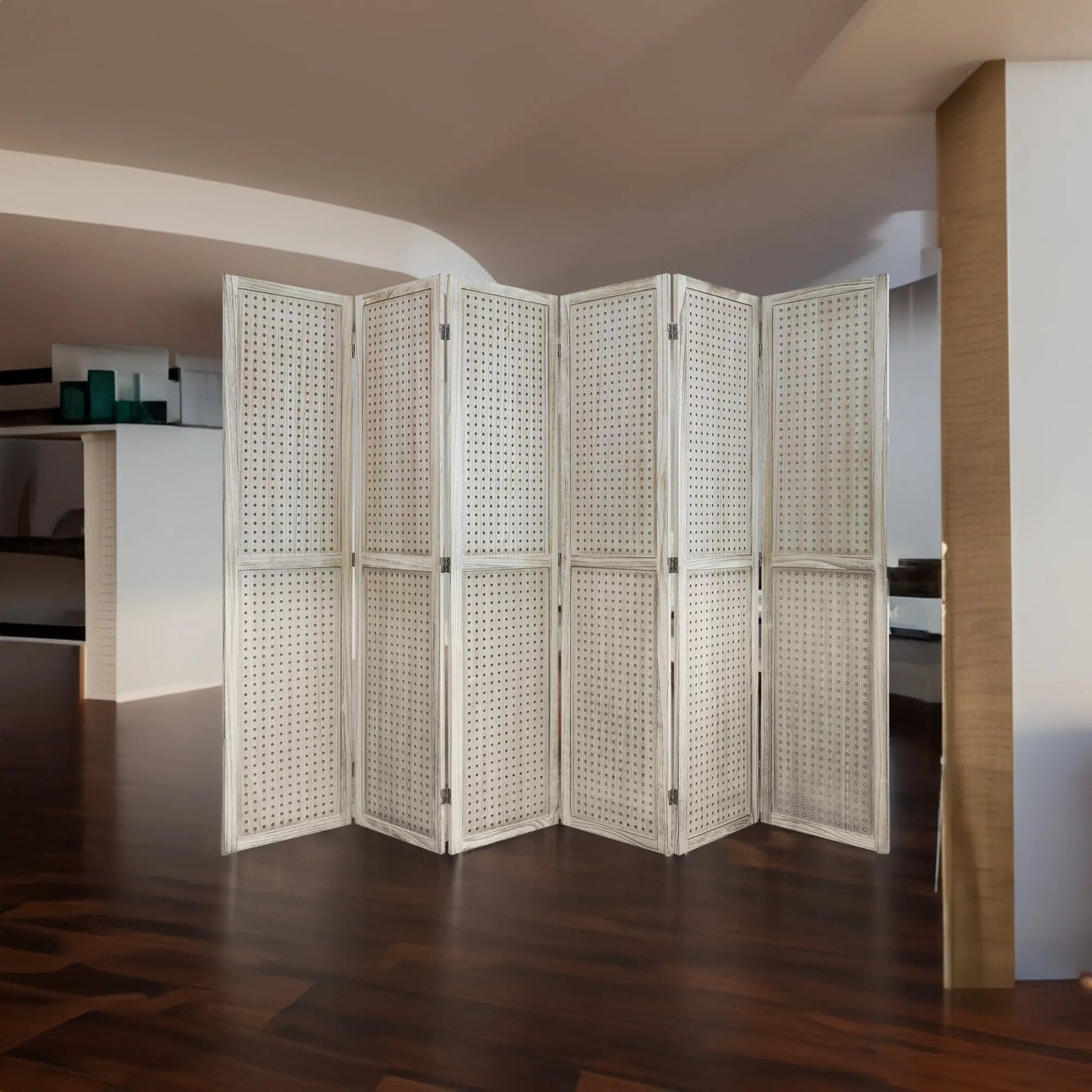Divisor de ambientes de 6 paneles, divisor de ambientes de madera con pantalla de clavos de 5.6 pies, biombo plegable, madera natural