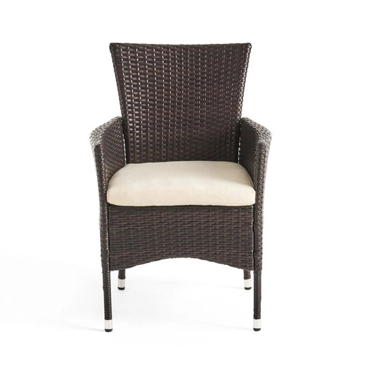 Clementine outdoor PE wicker chair with beige cushion, dark brown multitone weave, armchair on Tampa Home & Garden Store