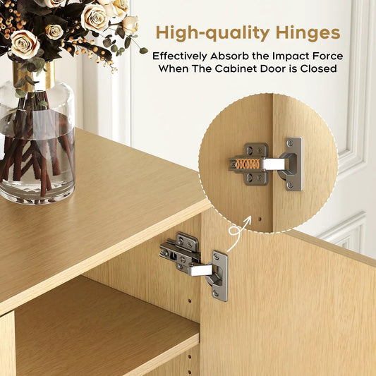 Shoe storage cabinet with adjustable plates in light wood finish, close-up of door hinges on Tampa Home & Garden Store
