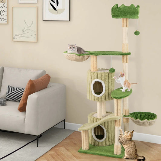 63 Inch Kitten Tower with 2 Condos Green beige cat tree with green platforms on Tampa Home & Garden Store