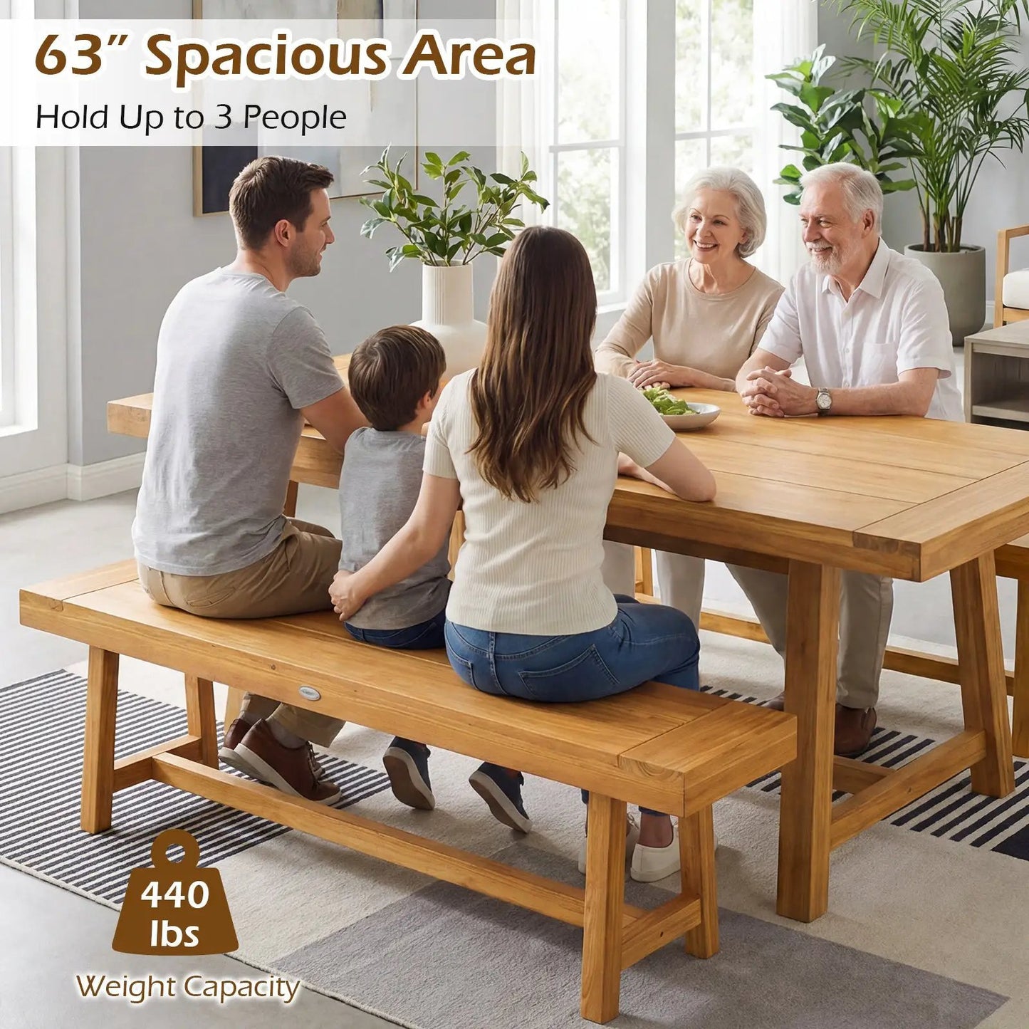 63-inch teak wood dining bench by DirectDeals seats up to 3, weight capacity 440 lb on Tampa Home & Garden Store