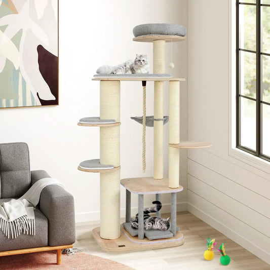 63 Inch Tall Cat Tree with Perch Condo Hammock in natural wood and gray sisal on Tampa Home & Garden Store