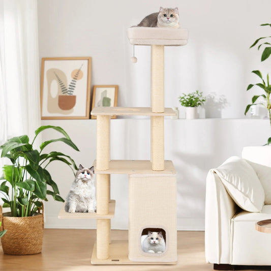 63 Inch Tall Wooden Cat Tree with 2-Story Condo and Plush Padded Top Perch-Natural - Tampa Home & Garden Store