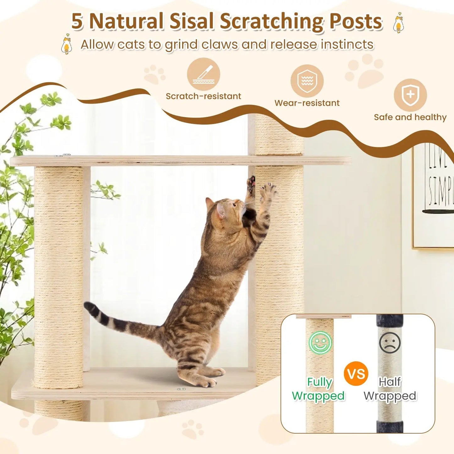63 Inch Tall Wooden Cat Tree with 2-Story Condo in natural wood and sisal-wrapped posts on Tampa Home & Garden Store
