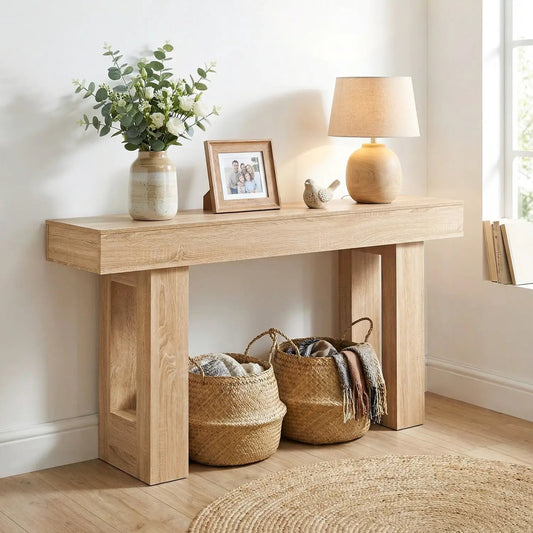 63-inch farmhouse console table with storage in natural wood with vase, photo frame, and lamp on Tampa Home & Garden Store