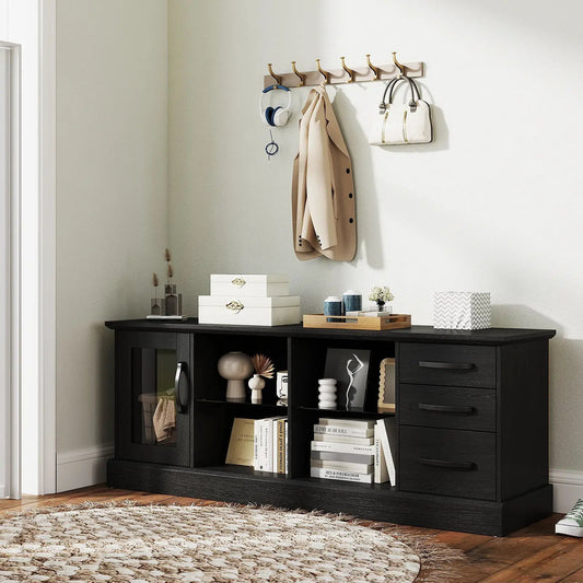 63-Inch media console table in dark wood with glass-front cabinet and 3 drawers on Tampa Home & Garden Store