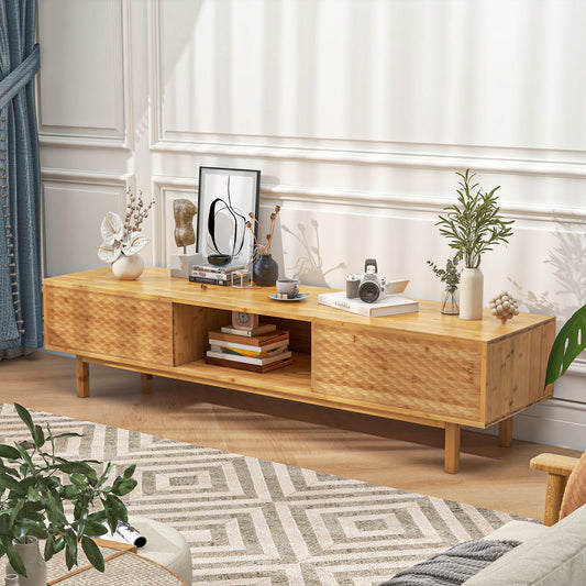 63 Inches Mid Century Modern Bamboo TV Stand with Sliding Doors-Natural - Tampa Home & Garden Store
