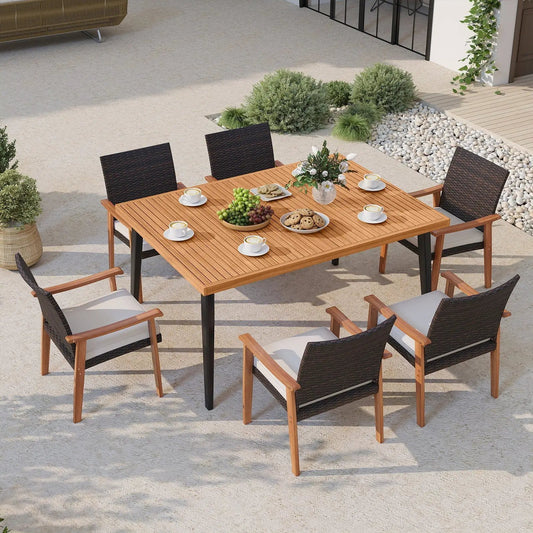 63-inch wooden outdoor dining table with umbrella hole and black metal legs surrounded by wicker chairs on Tampa Home & Garden Store