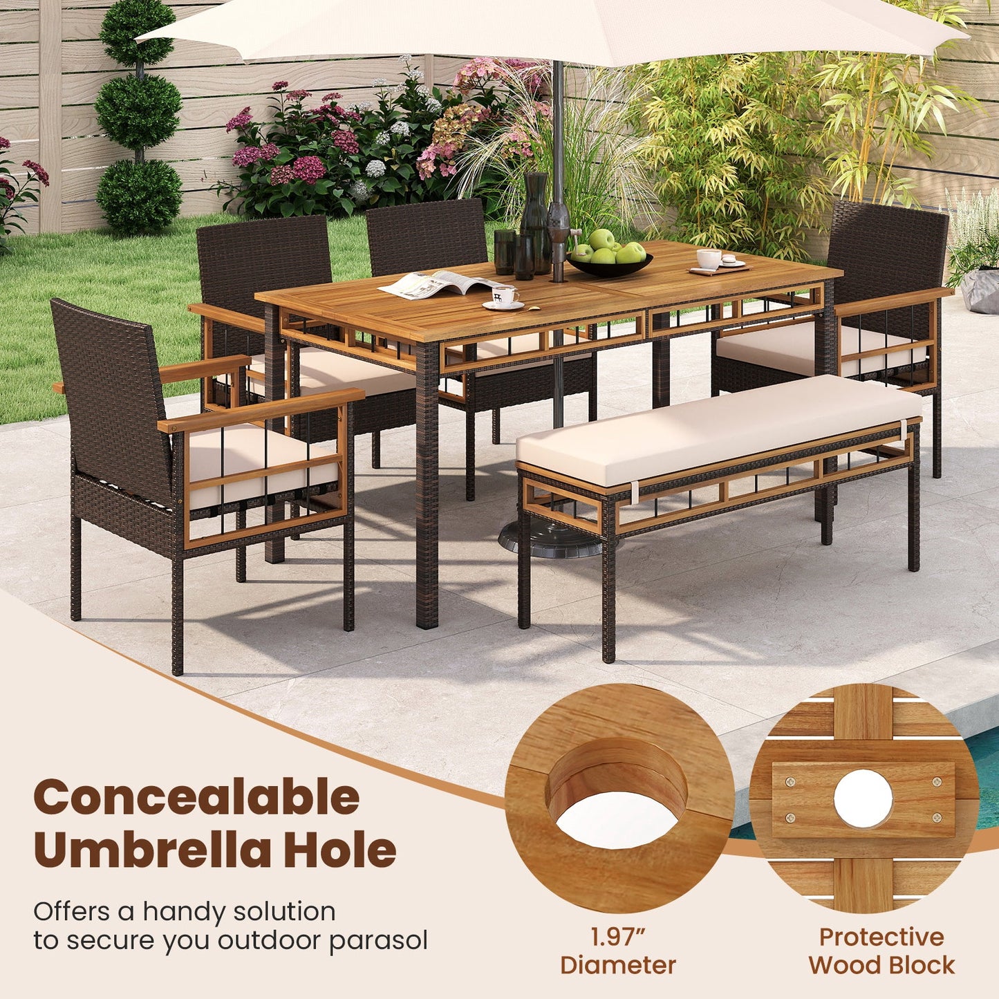 63-Inch outdoor dining table with acacia wood slatted top and six wicker chairs on Tampa Home & Garden Store