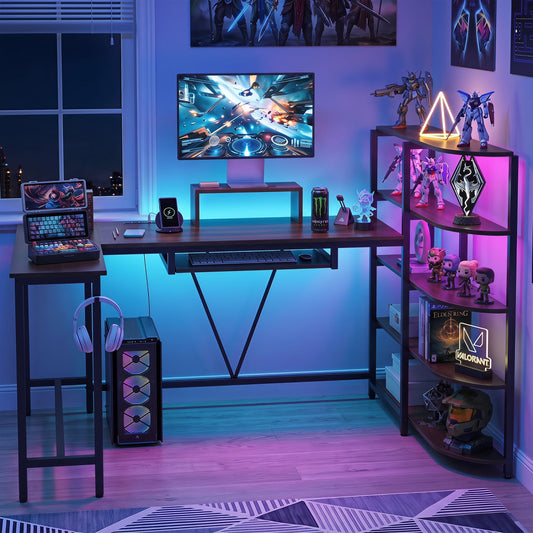 63-inch U-shaped computer desk with power outlets, bookshelf, dark wood finish, metal frame on Tampa Home & Garden Store
