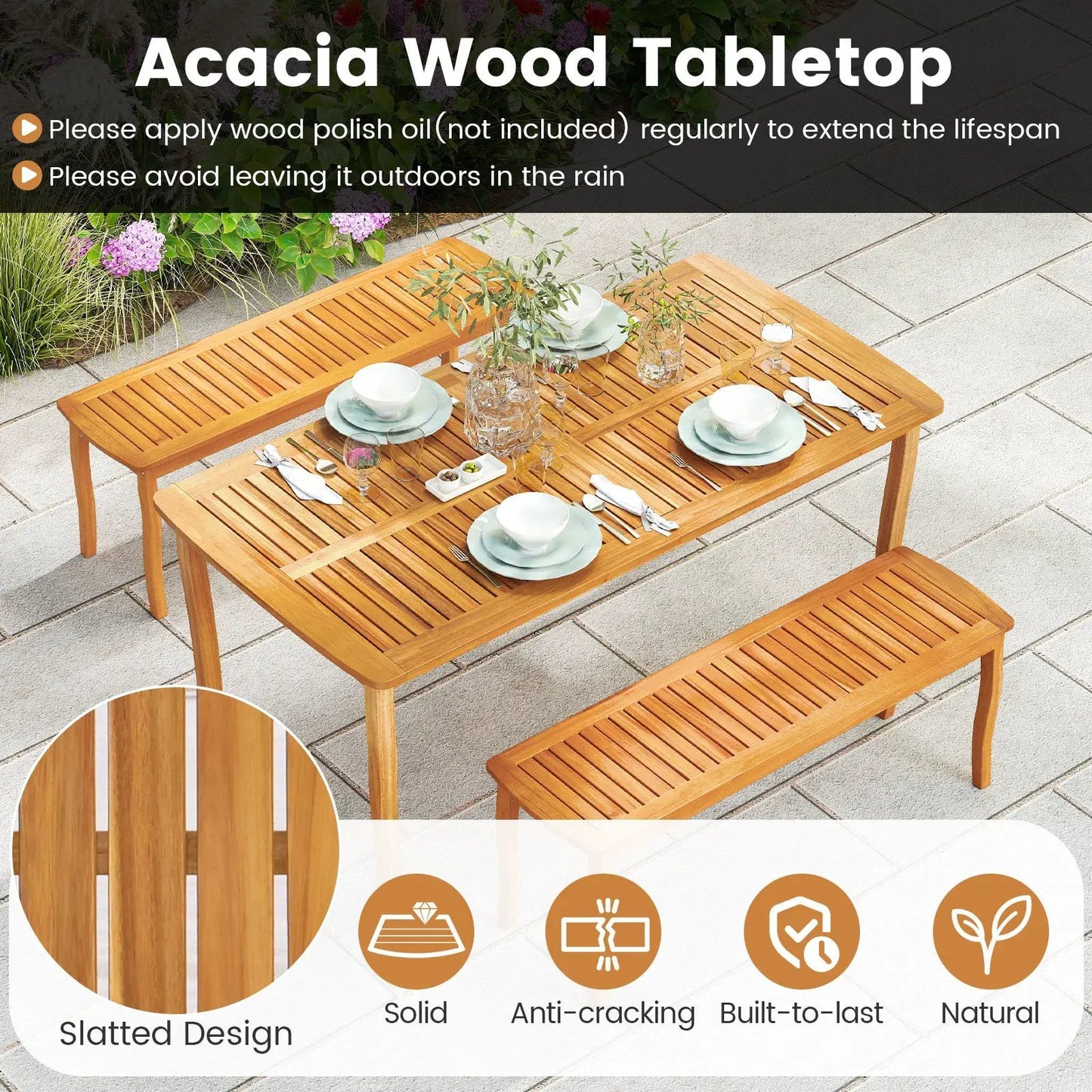 63-inch outdoor dining table with umbrella hole in warm acacia wood, slatted top with benches on Tampa Home & Garden Store