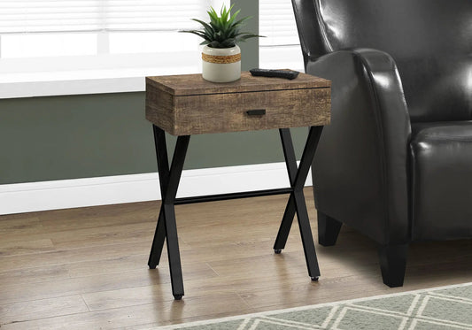 Accent Side X Table with storage drawer in rustic wood, black metal X-frame legs on Tampa Home & Garden Store