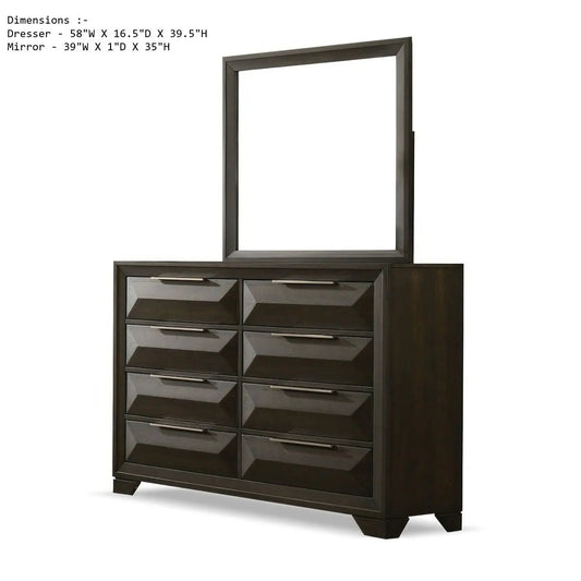 Dresser with Mirror in espresso, 8-drawer chest with beveled fronts and bracket feet on Tampa Home & Garden Store