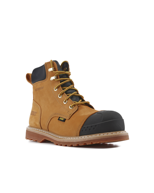 Kiwi Premium Nubuck Waterproof Cap Toe Boots, tan boot with black toe cap and yellow laces on Tampa Home & Garden Store