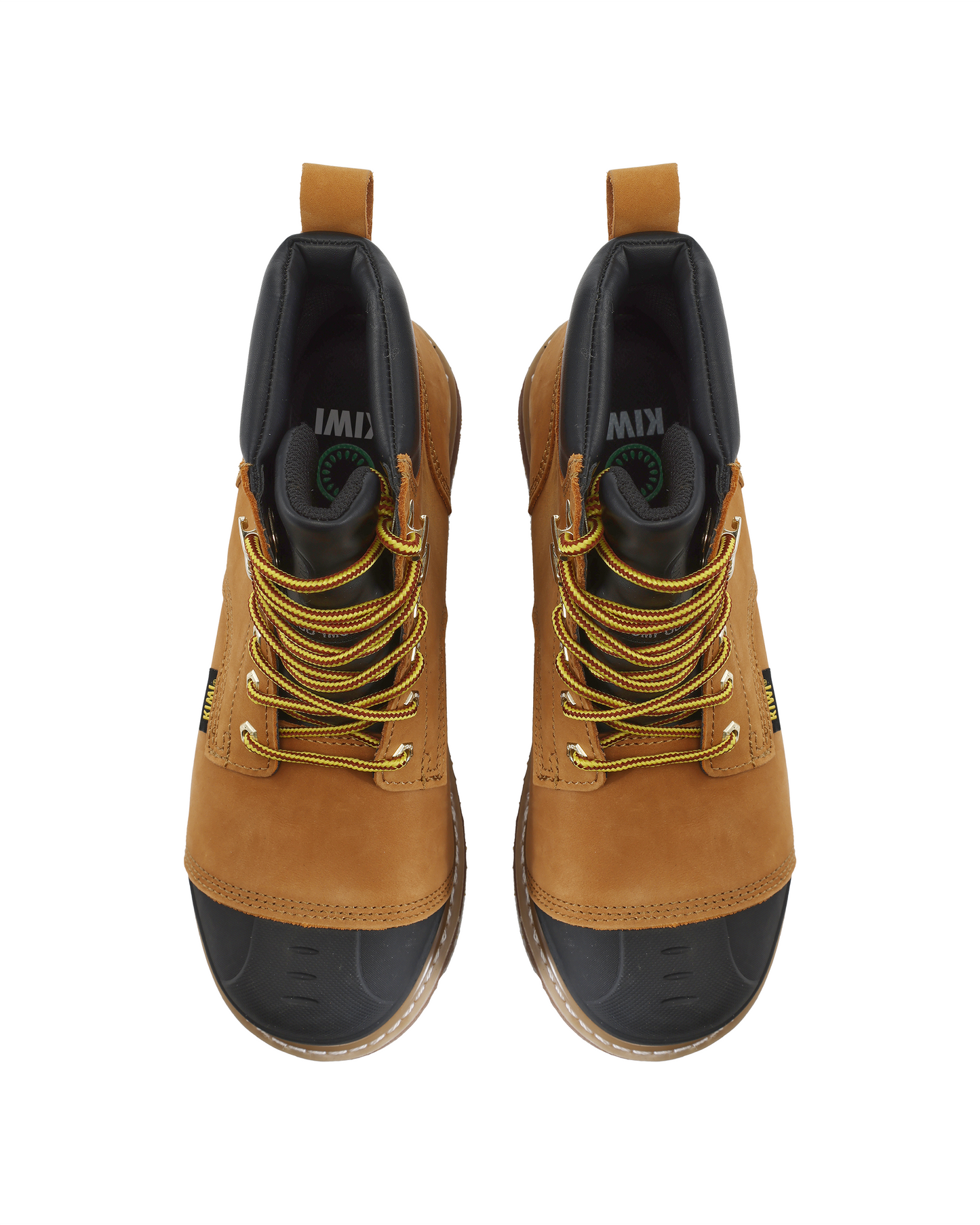 Kiwi Premium Wheat Nubuck Cap Toe Boots with black collar and yellow-red laces, Kiwi logo on Tampa Home & Garden Store