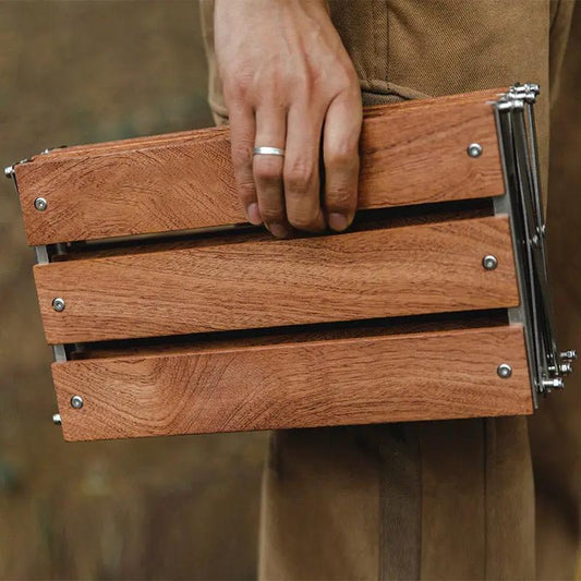 Three Layer Foldable Camping Rack and Table with brown wood slats and metal hinges on Tampa Home & Garden Store