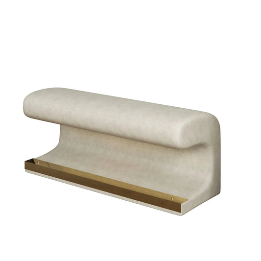 Beige leather upholstered entryway bench ottoman with curved silhouette and gold base on Tampa Home & Garden Store