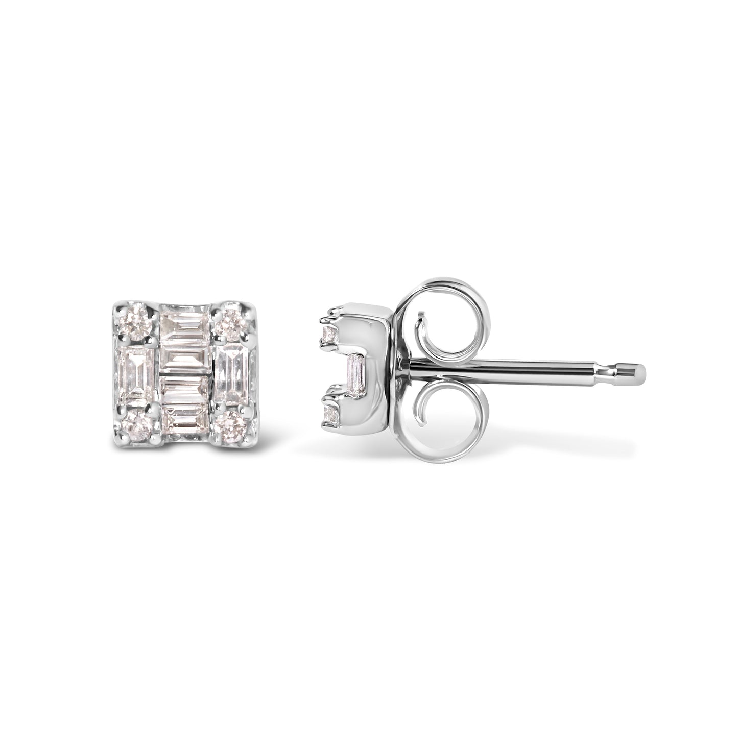 10K white gold mosaic square stud earrings with baguette and round diamonds H-I color on Tampa Home & Garden Store