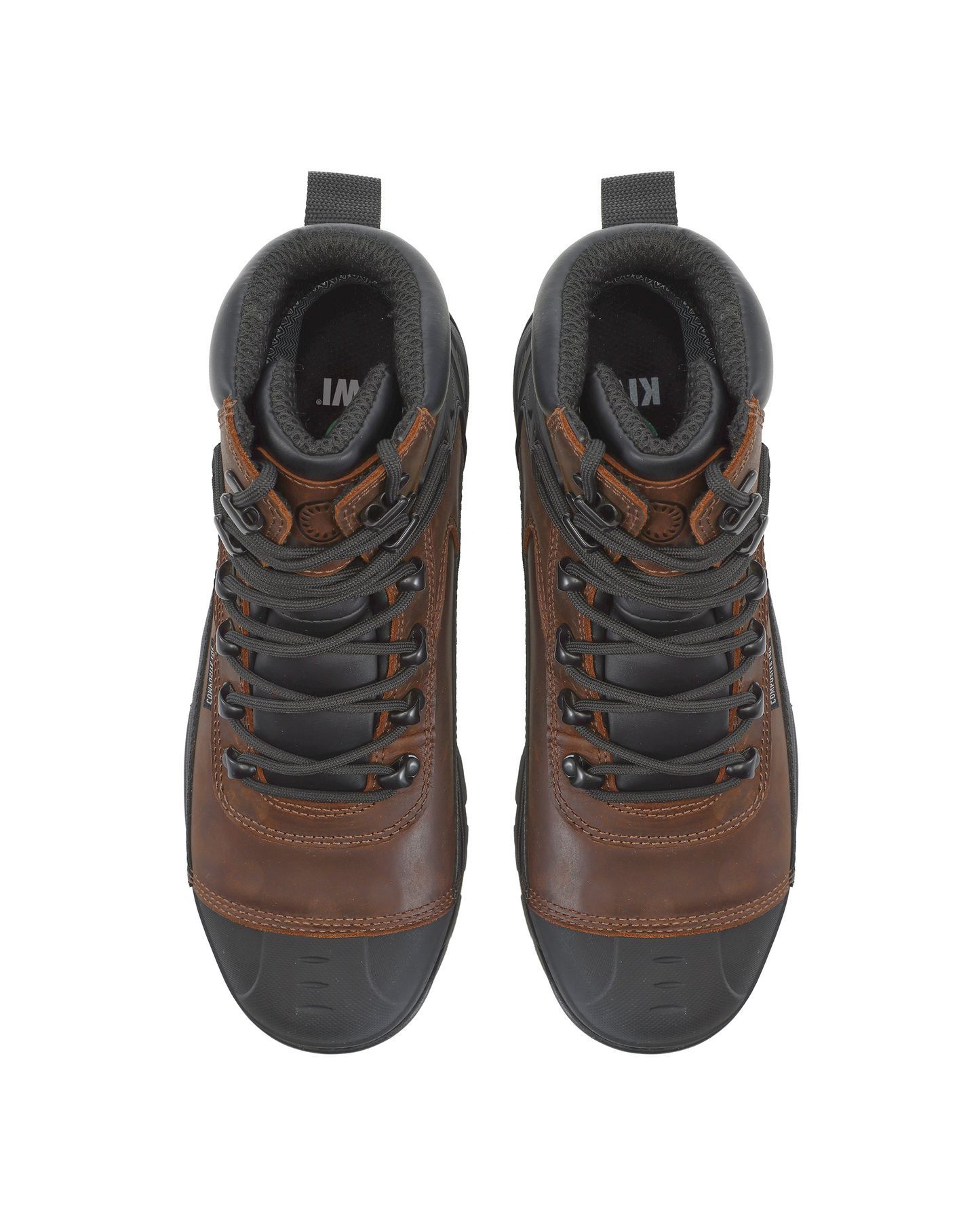 Kiwi ProGuard brown leather mid-cut boots with black laces and padded collar pair on Tampa Home & Garden Store
