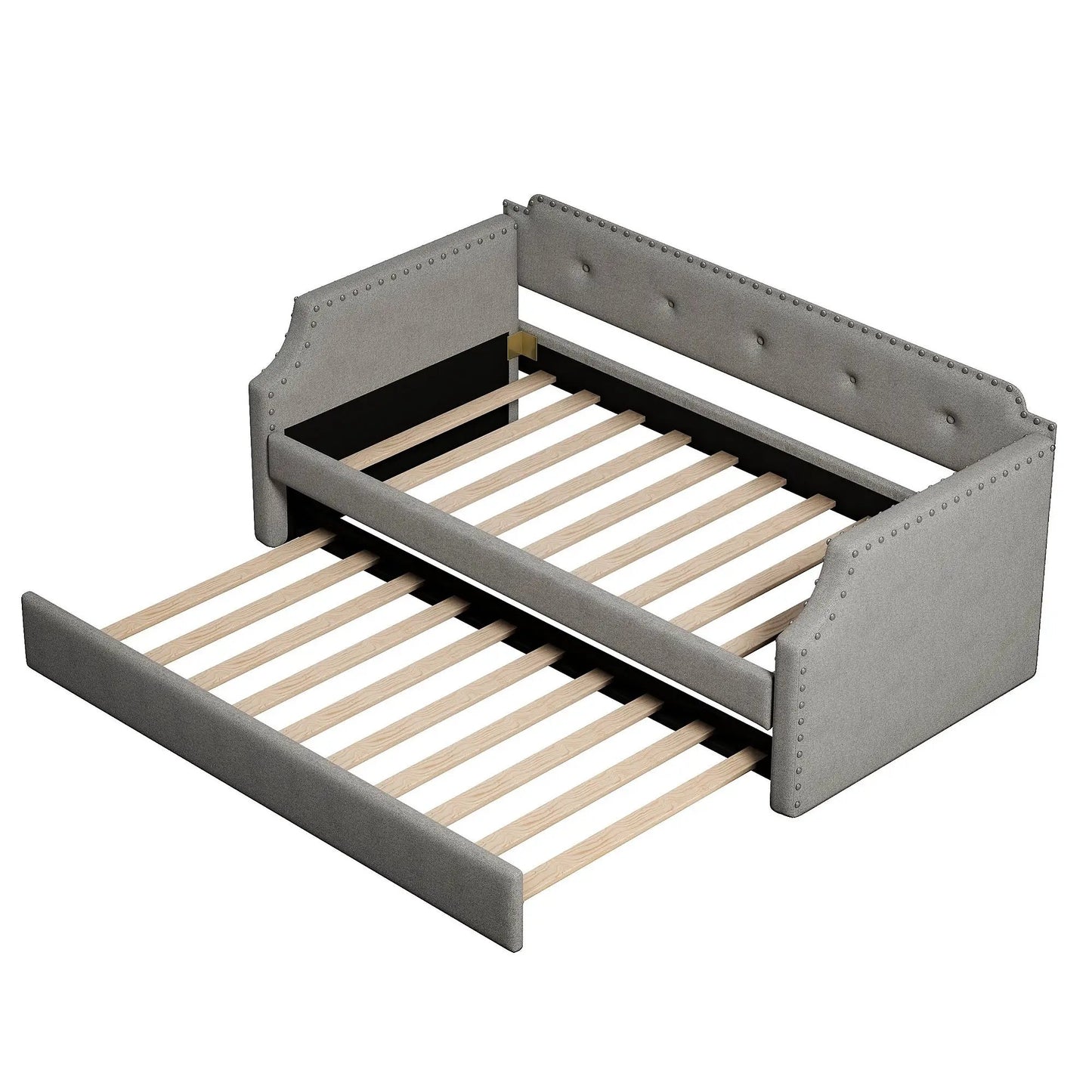 Twin gray upholstered daybed frame with nailhead trim and wood slats on Tampa Home & Garden Store