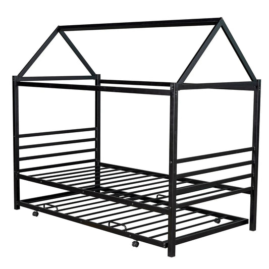 Twin metal house-shaped bed frame in black with platform slats and built-in wheeled trundle on Tampa Home & Garden Store