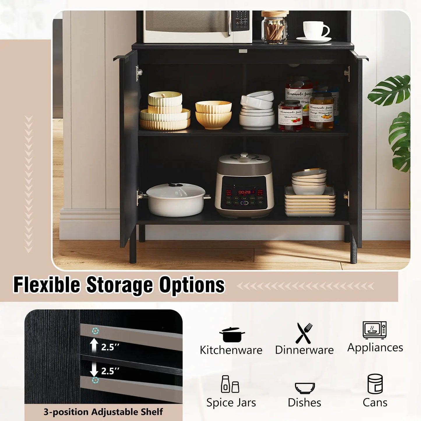 Tall DirectDeals pantry cabinet with charging station in black, open shelves with bowls and jars on Tampa Home & Garden Store