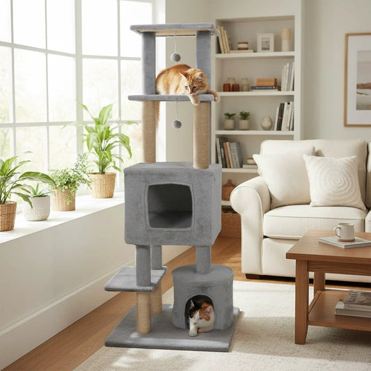 Tall gray cat tree with 2 condos and jute posts for indoor cats DirectDeals on Tampa Home & Garden Store