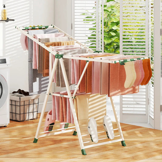 64 Inch DirectDeals Clothes Drying Rack with Adjustable Wings, white frame and green ends on Tampa Home & Garden Store