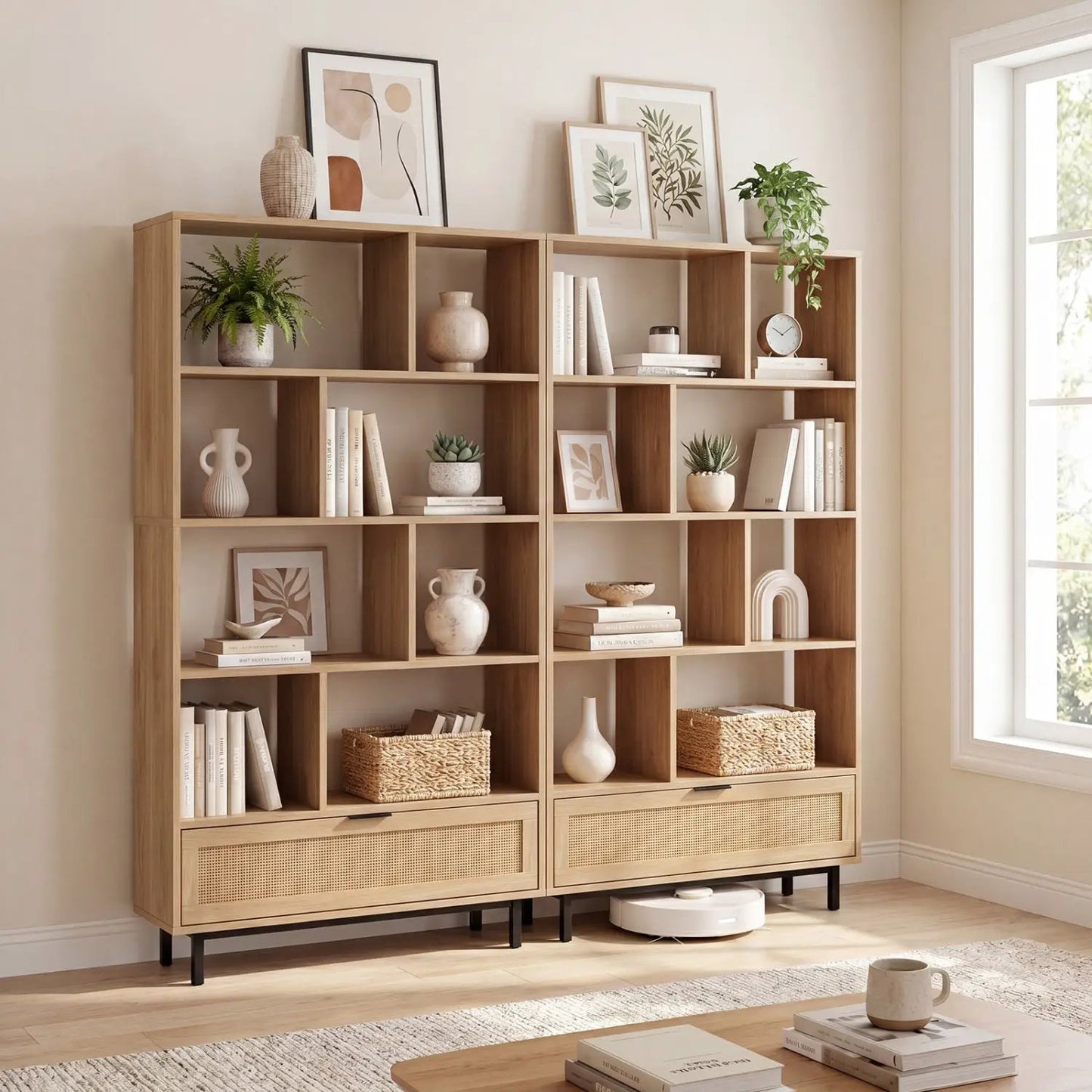 Tall Wooden Bookcase with 8 Cubes and Drawer