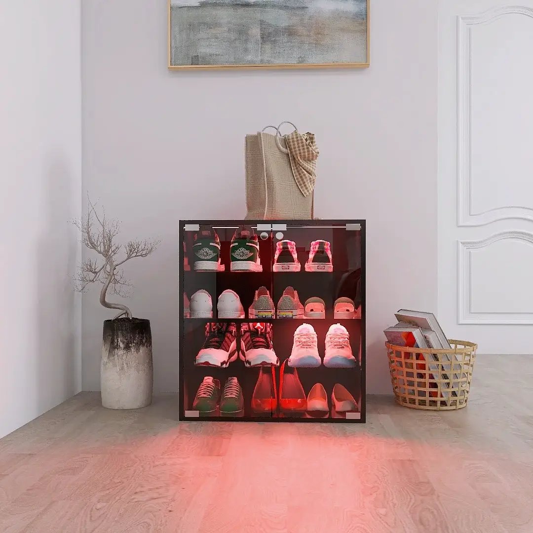 4-tier black shoe cabinet with glass doors and red LED lighting displaying sneakers in a modern entryway on Tampa Home & Garden Store