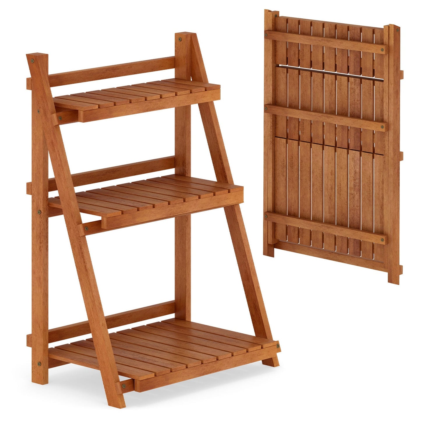 Foldable 3-Tier Solid Wood Plant Stand for Patio with natural finish and slatted shelves on Tampa Home & Garden Store